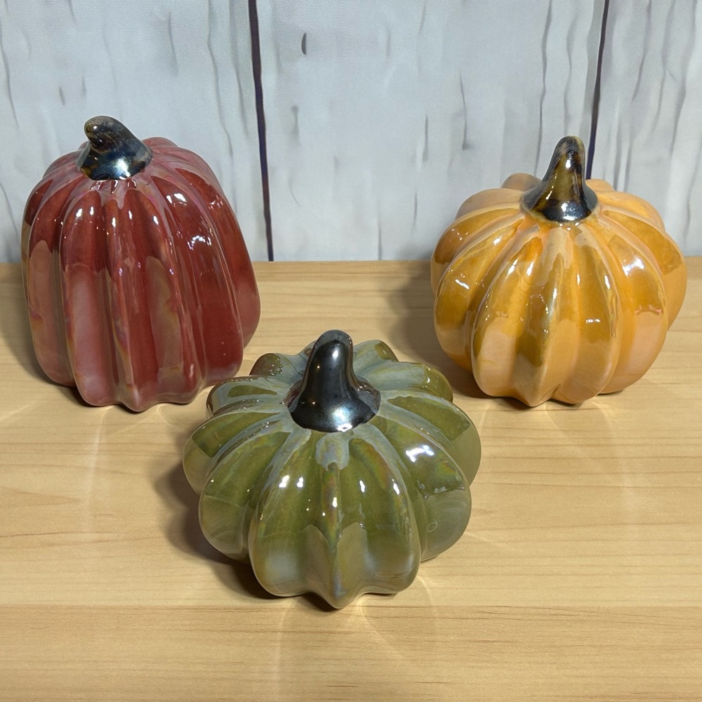 Set of 3 Pearlized Porcelain Decorative Pumpkins -Red, Orange, Sage Green - NEW!